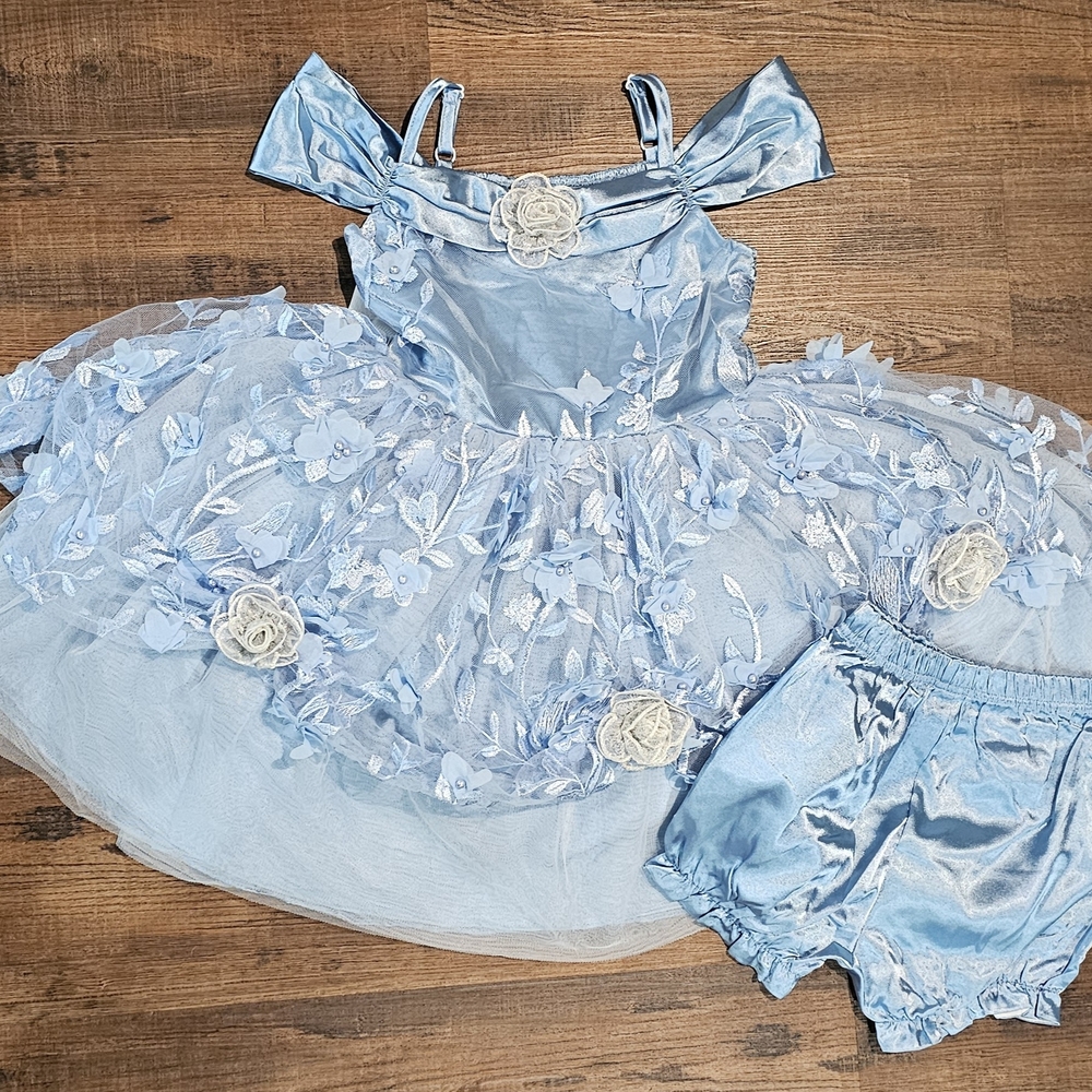 Blue and White Formal Dress with Lace Details